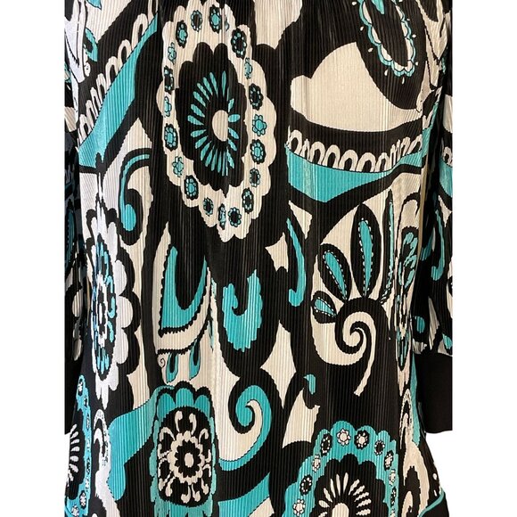 Covington 3/4 Sleeve Square Neck Accordion Pleat Retro Floral Blk Wh Teal Top LG - Picture 4 of 10